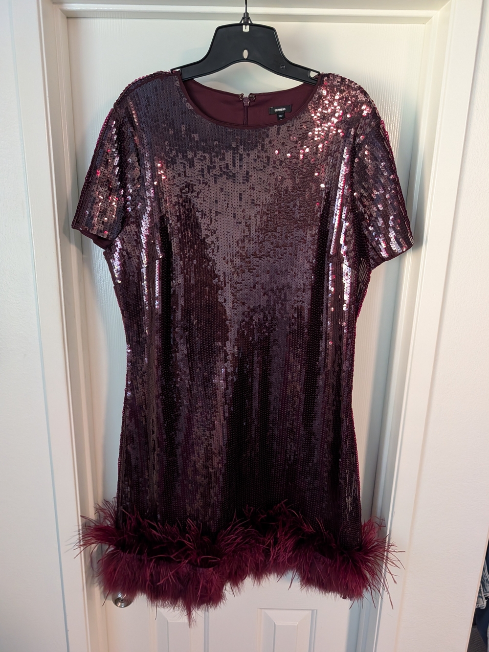 Express Studio Plum Sequin Feather Hem Short Sleeve Dress